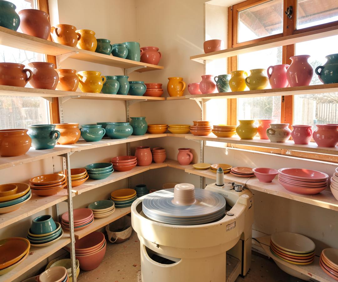 Pottery studio shelves lined with colourful glazed ceramics beside a spinning wheel