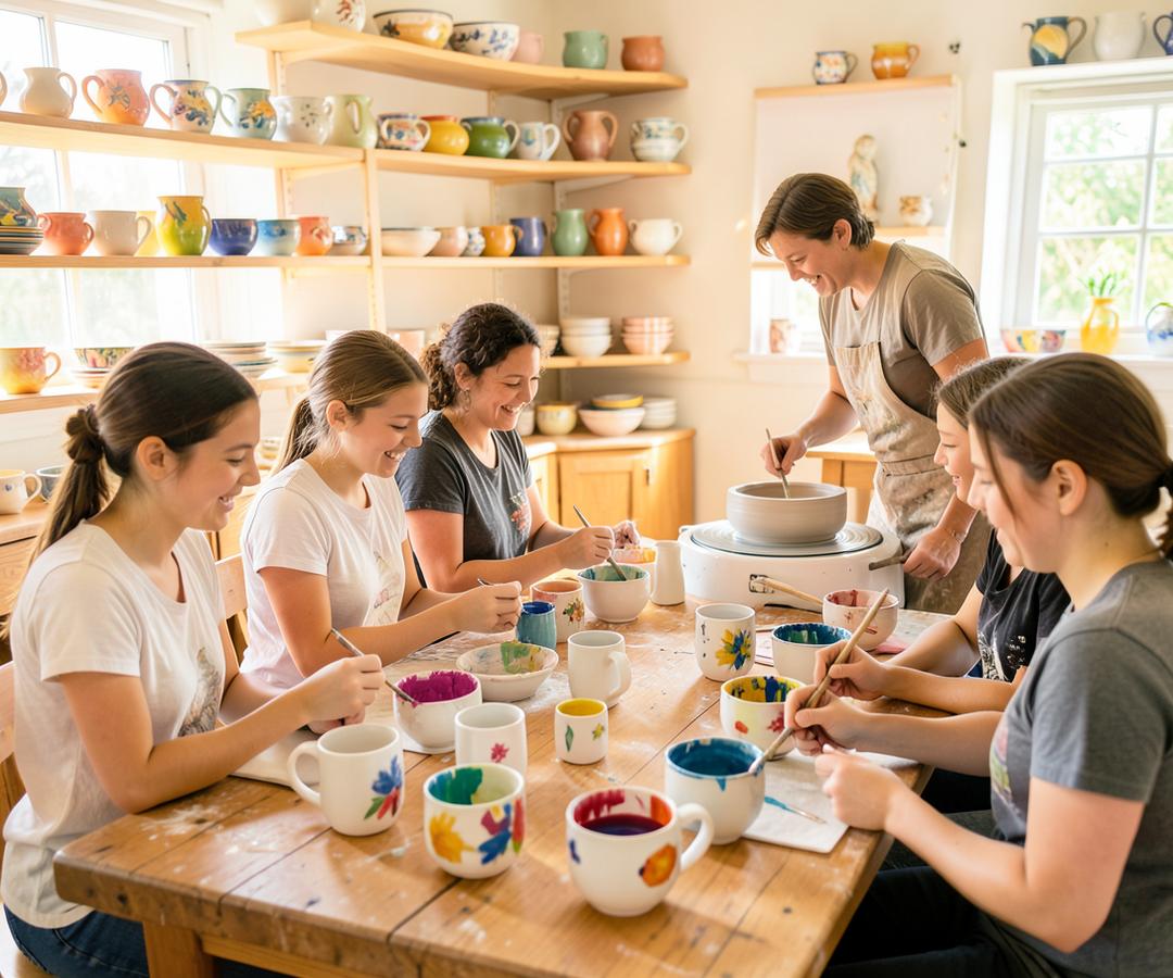 A pottery class painting mugs and bowls together at a long studio table